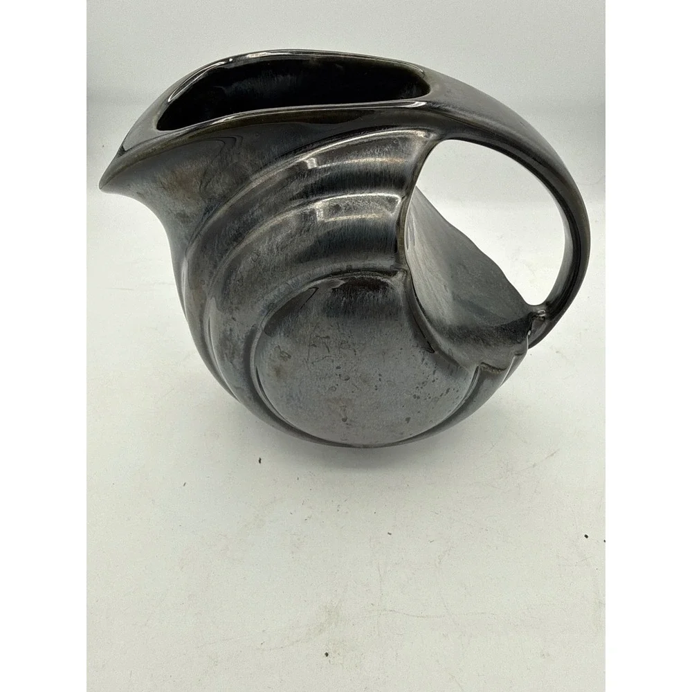 Vintage Gunsmoke Gray Ceramic Disc Pitcher Mid Century Modern Water Jug Unmarked
